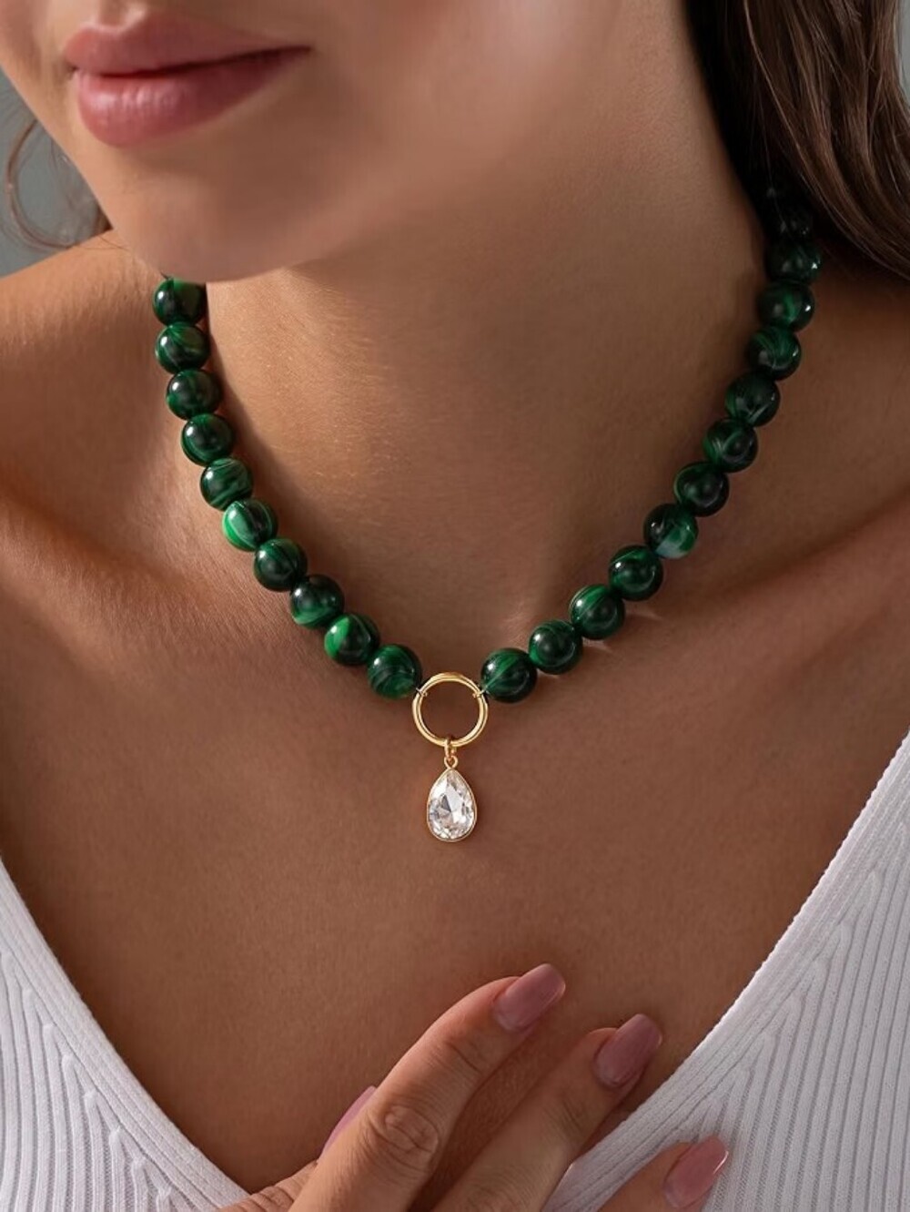 Colorful Beaded 14K Gold Plated Drop Pendant Choker Necklace